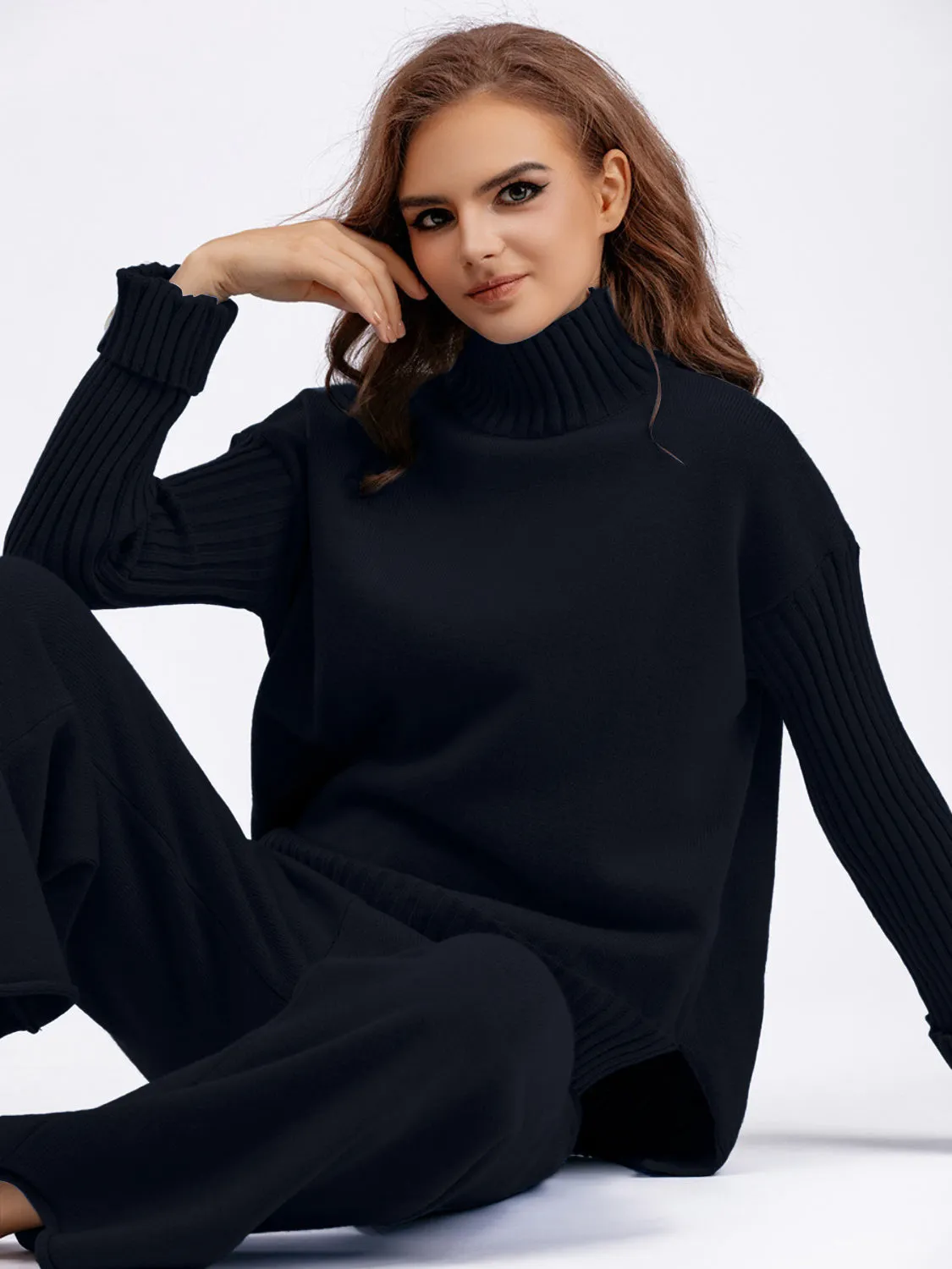 Hazel Blues® |  Basic Bae High- Low Turtleneck Long Sleeve Top and Pants Sweater Set