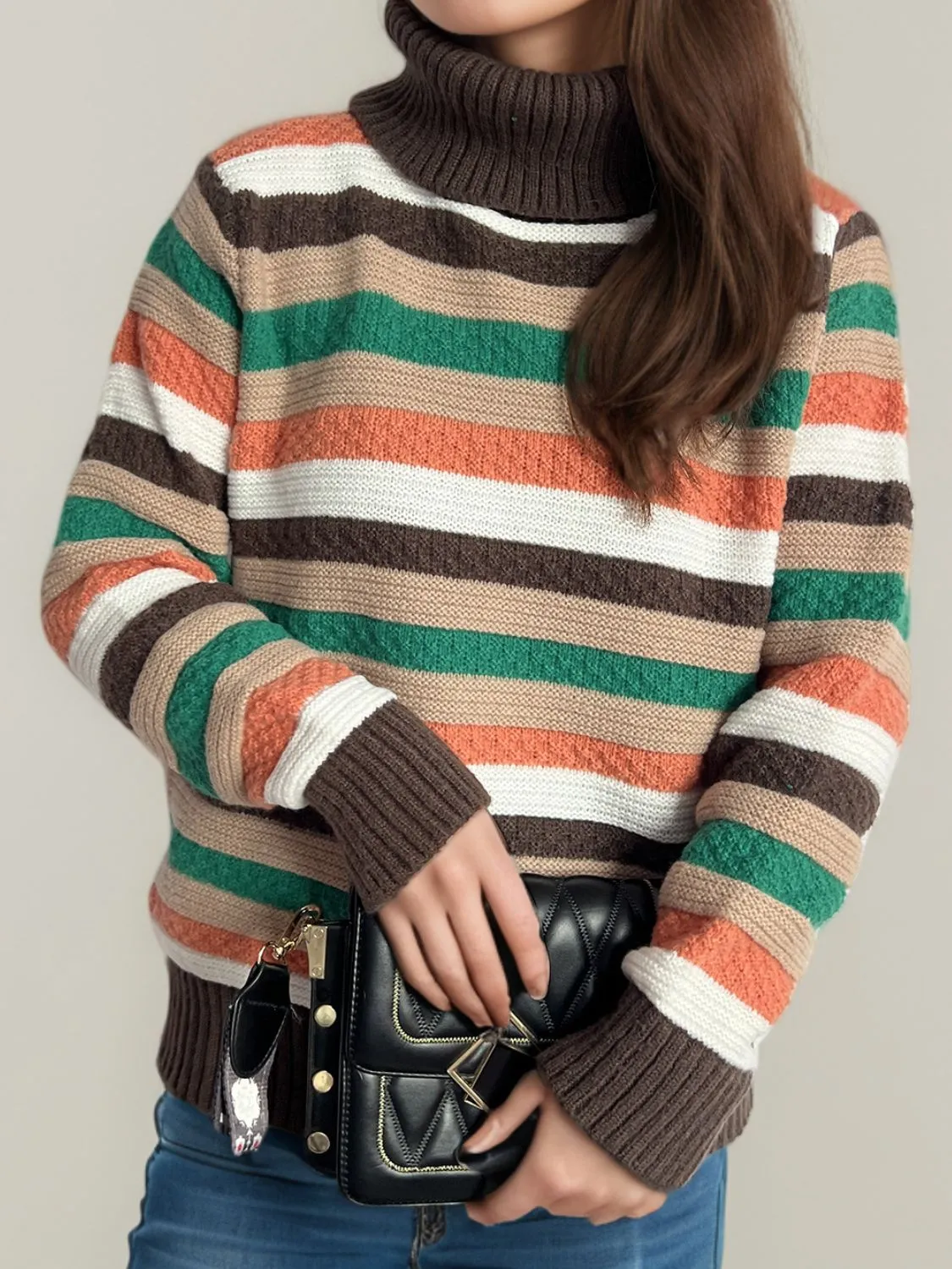 Hazel Blues® |  Contrast Stripes Turtleneck Long Sleeve Sweater