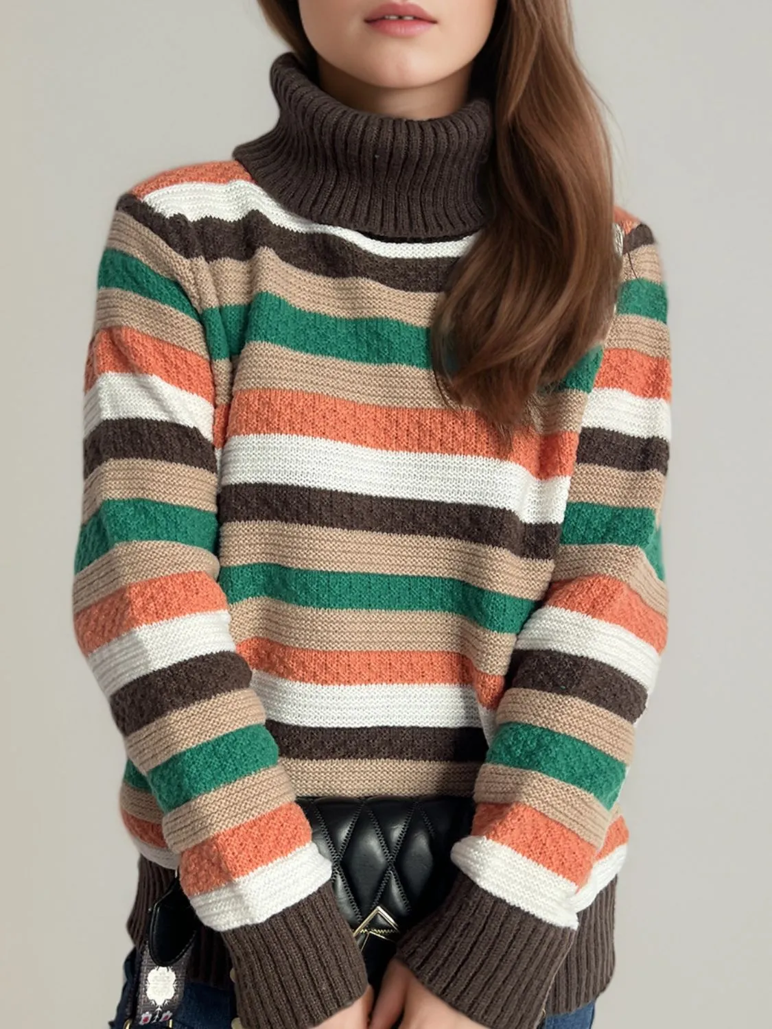 Hazel Blues® |  Contrast Stripes Turtleneck Long Sleeve Sweater