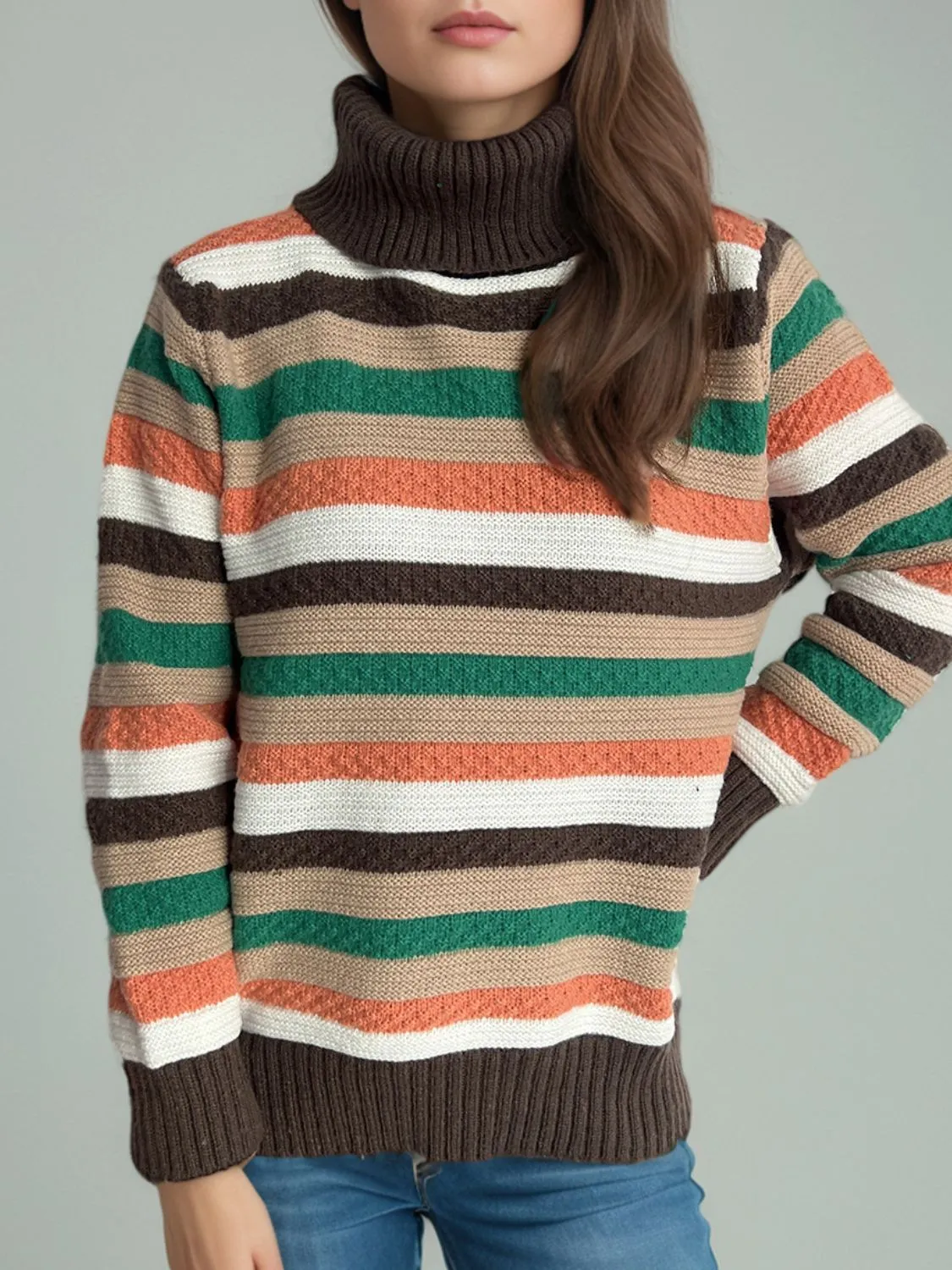 Hazel Blues® |  Contrast Stripes Turtleneck Long Sleeve Sweater