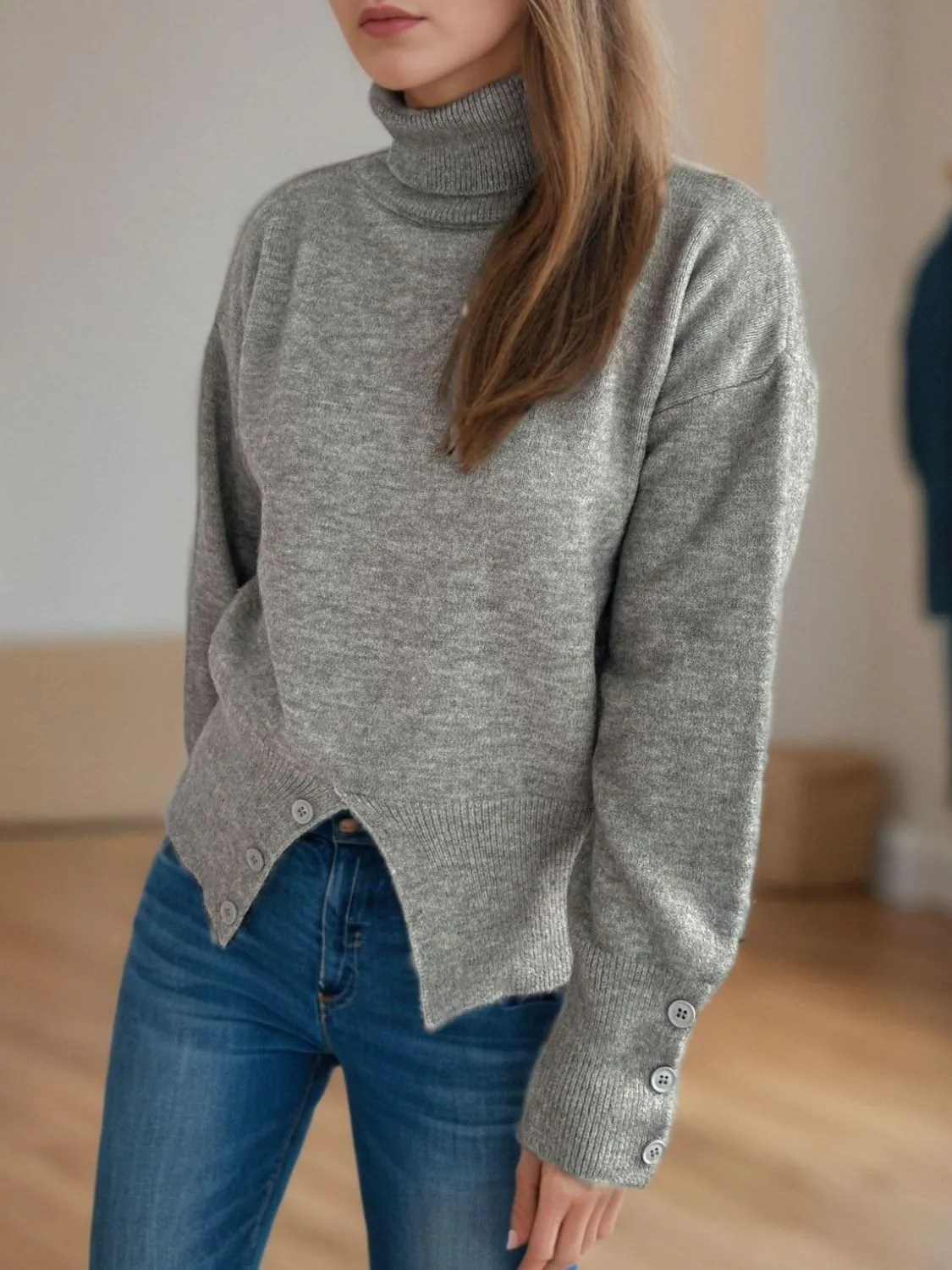 Hazel Blues® |  Front Slit Decorative Button Turtleneck Sweater
