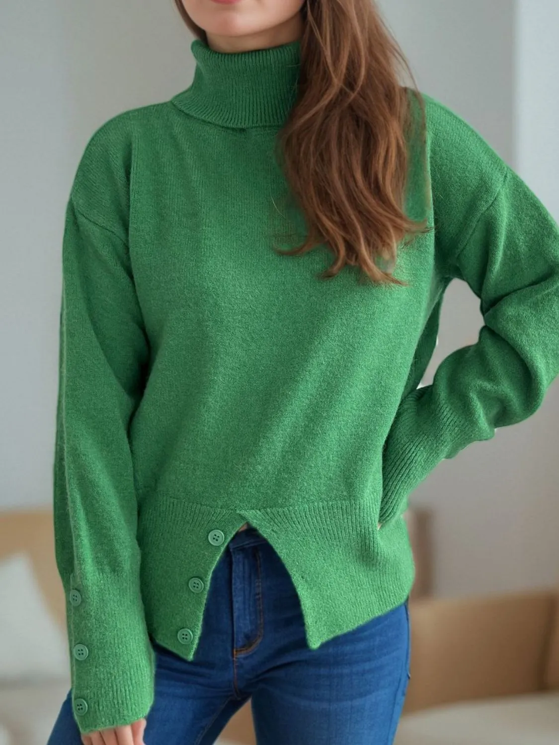 Hazel Blues® |  Front Slit Decorative Button Turtleneck Sweater