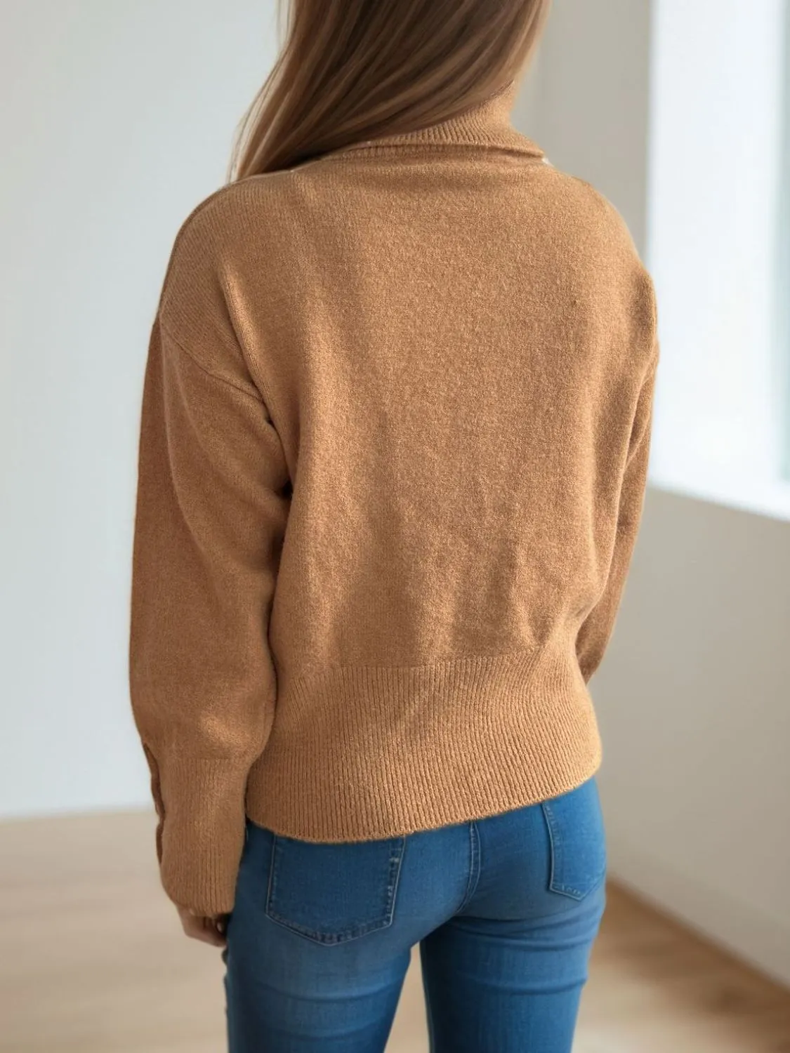 Hazel Blues® |  Front Slit Decorative Button Turtleneck Sweater