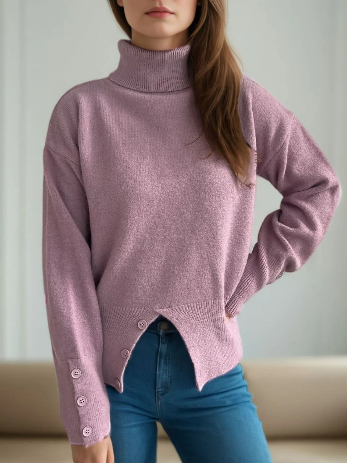 Hazel Blues® |  Front Slit Decorative Button Turtleneck Sweater