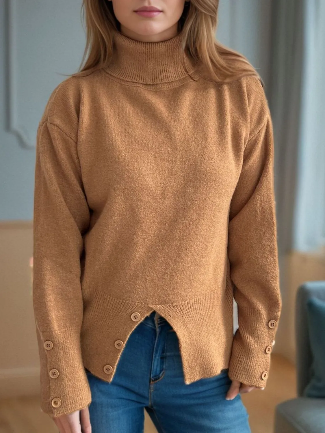 Hazel Blues® |  Front Slit Decorative Button Turtleneck Sweater