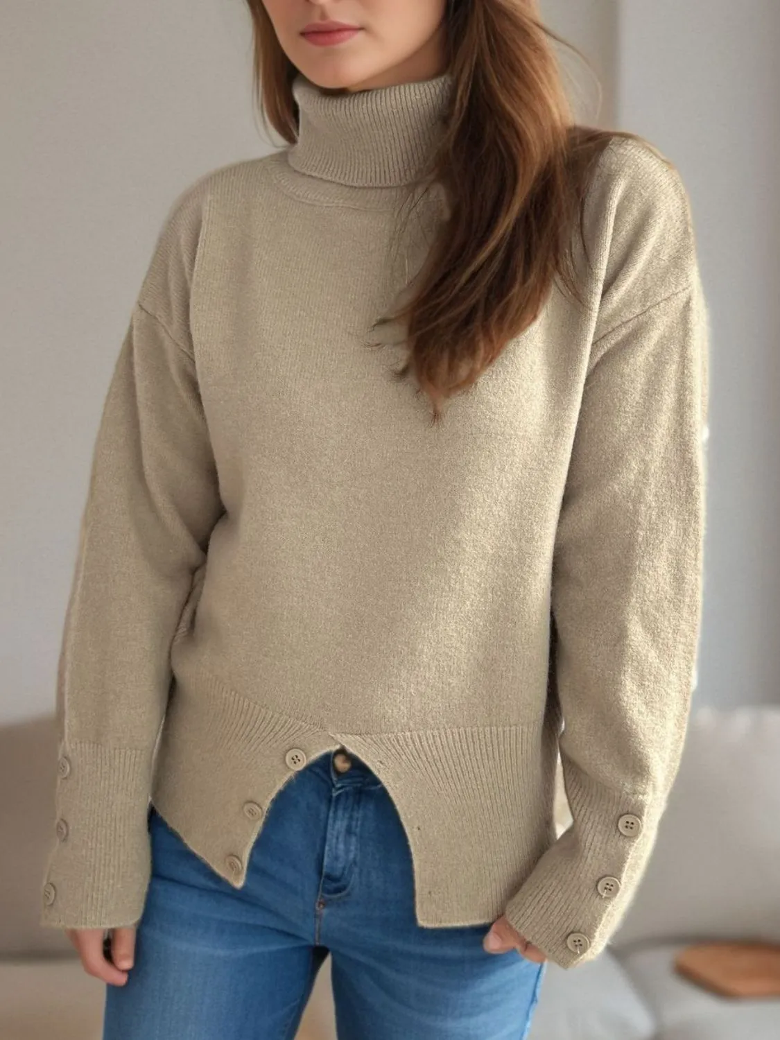 Hazel Blues® |  Front Slit Decorative Button Turtleneck Sweater
