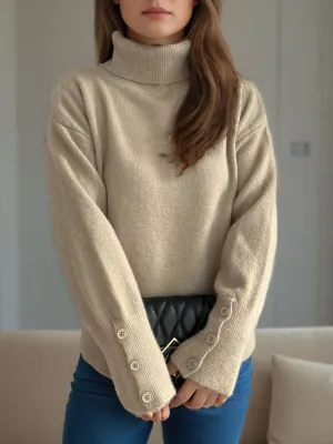 Hazel Blues® |  Front Slit Decorative Button Turtleneck Sweater
