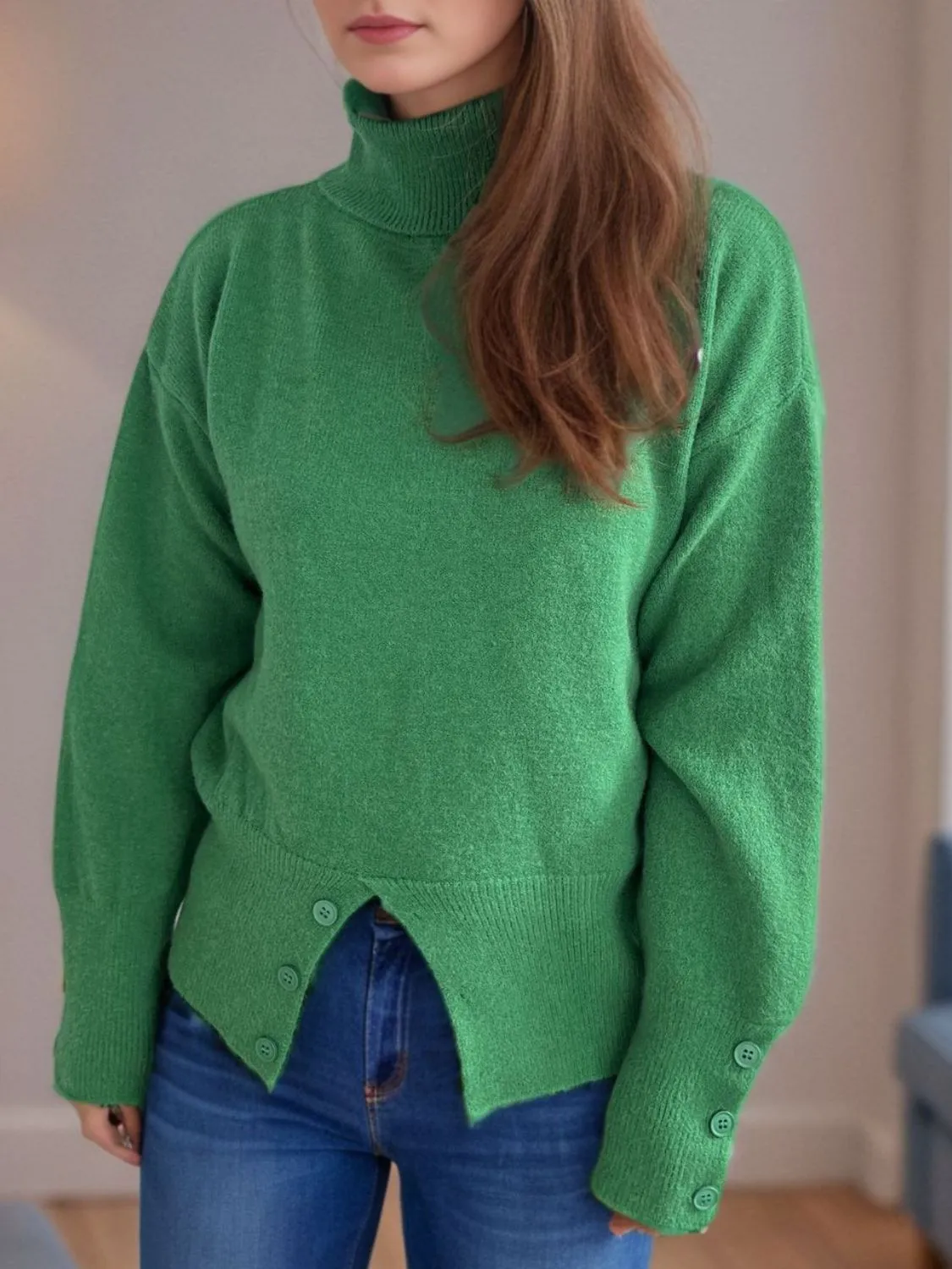 Hazel Blues® |  Front Slit Decorative Button Turtleneck Sweater