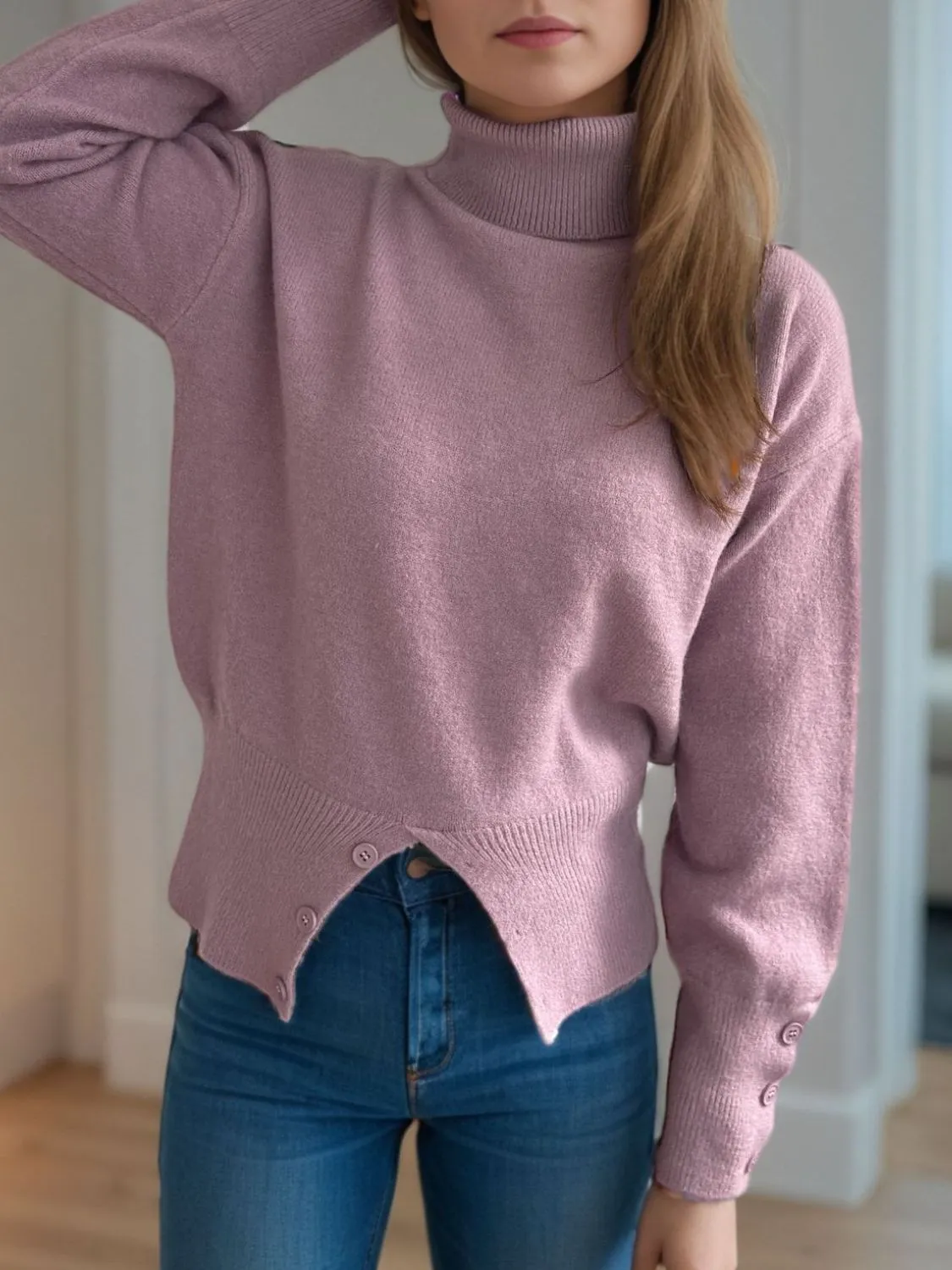 Hazel Blues® |  Front Slit Decorative Button Turtleneck Sweater