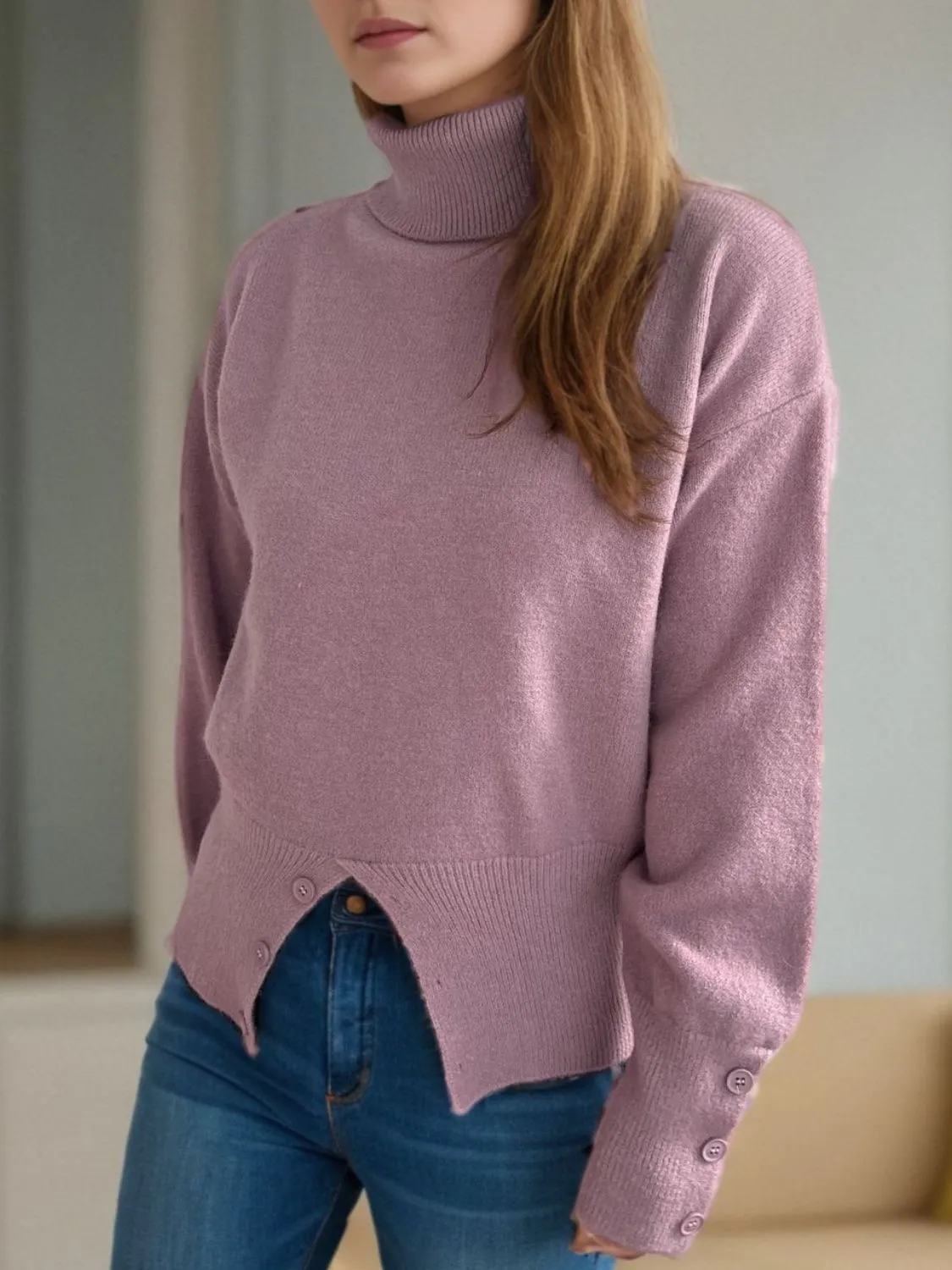 Hazel Blues® |  Front Slit Decorative Button Turtleneck Sweater