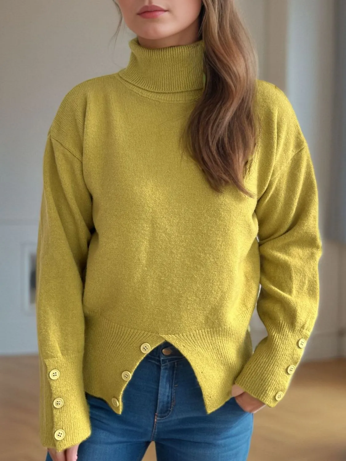 Hazel Blues® |  Front Slit Decorative Button Turtleneck Sweater