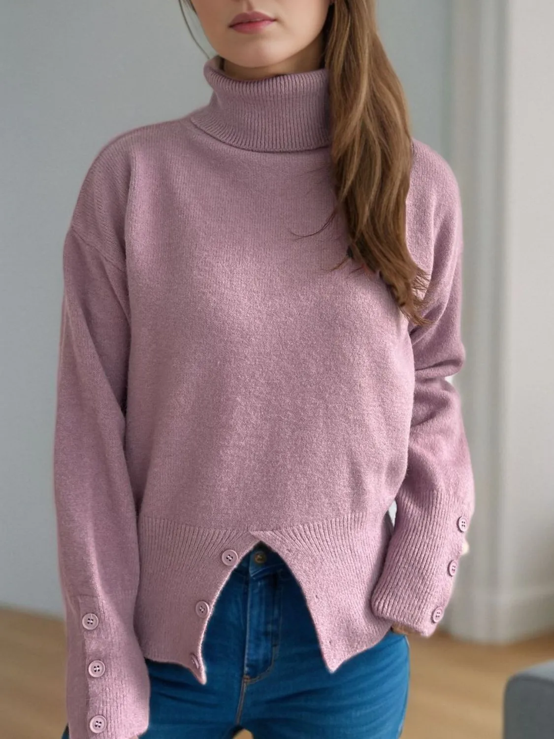 Hazel Blues® |  Front Slit Decorative Button Turtleneck Sweater