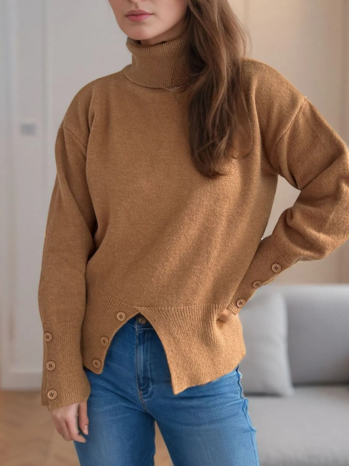 Hazel Blues® |  Front Slit Decorative Button Turtleneck Sweater
