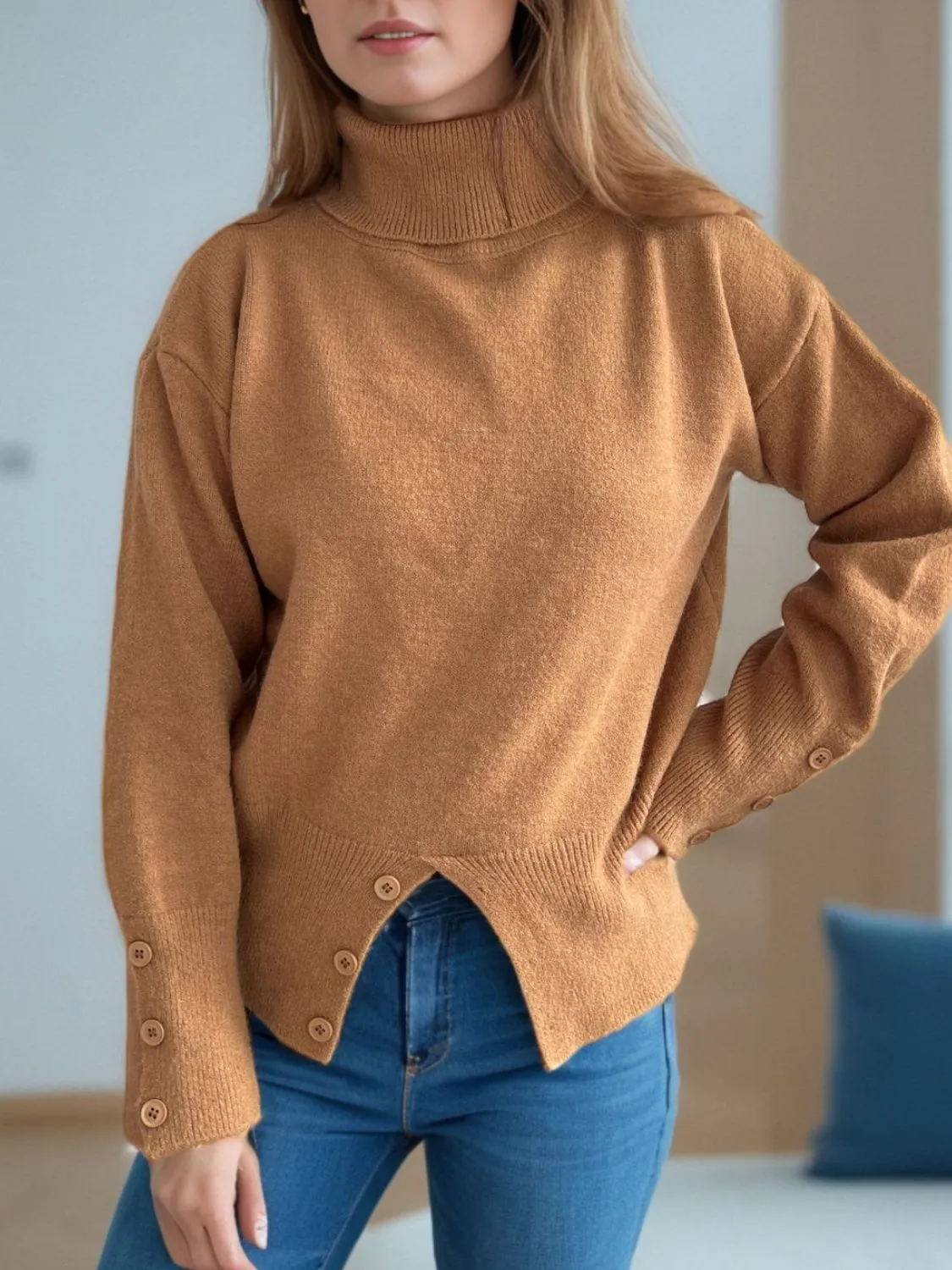 Hazel Blues® |  Front Slit Decorative Button Turtleneck Sweater
