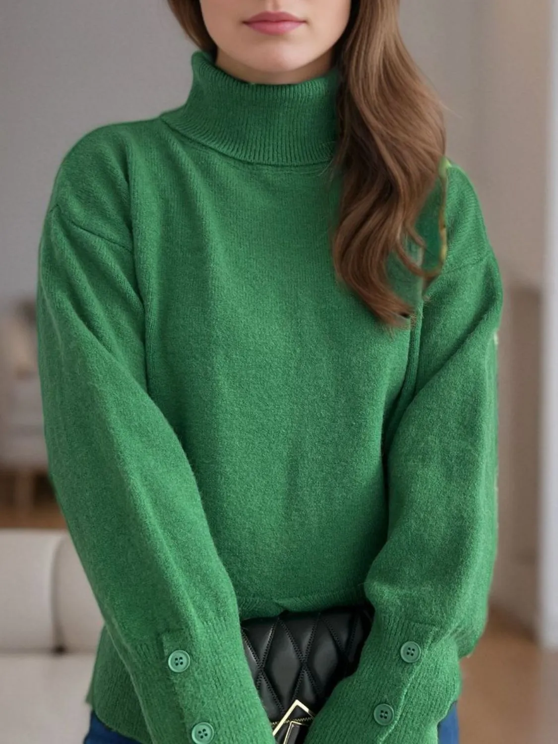 Hazel Blues® |  Front Slit Decorative Button Turtleneck Sweater