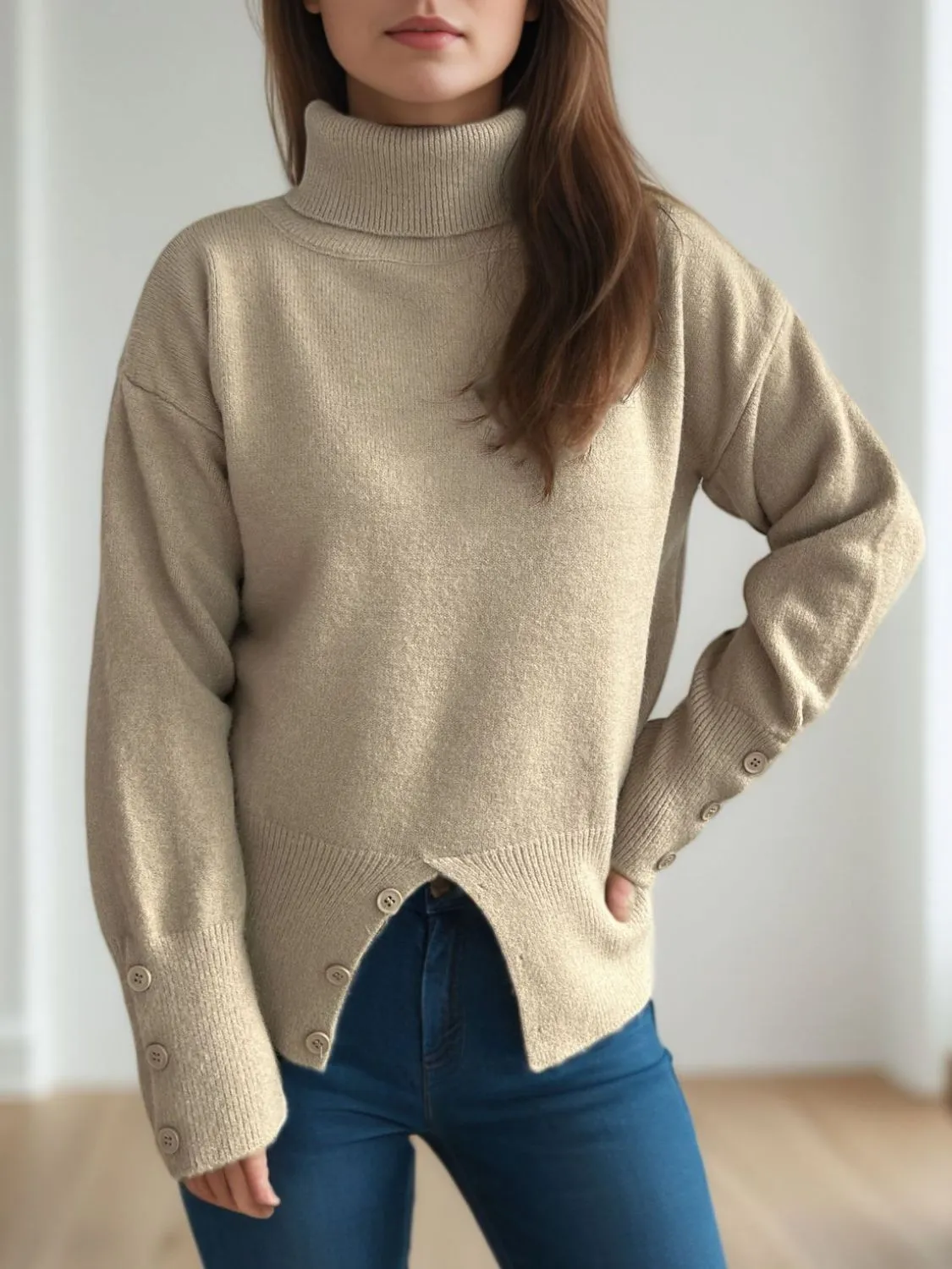 Hazel Blues® |  Front Slit Decorative Button Turtleneck Sweater