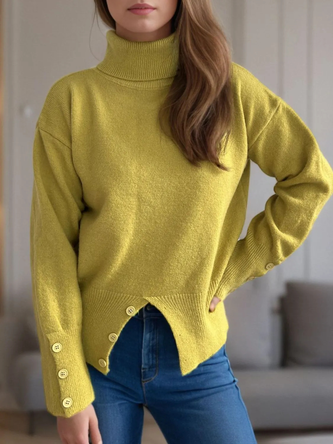 Hazel Blues® |  Front Slit Decorative Button Turtleneck Sweater