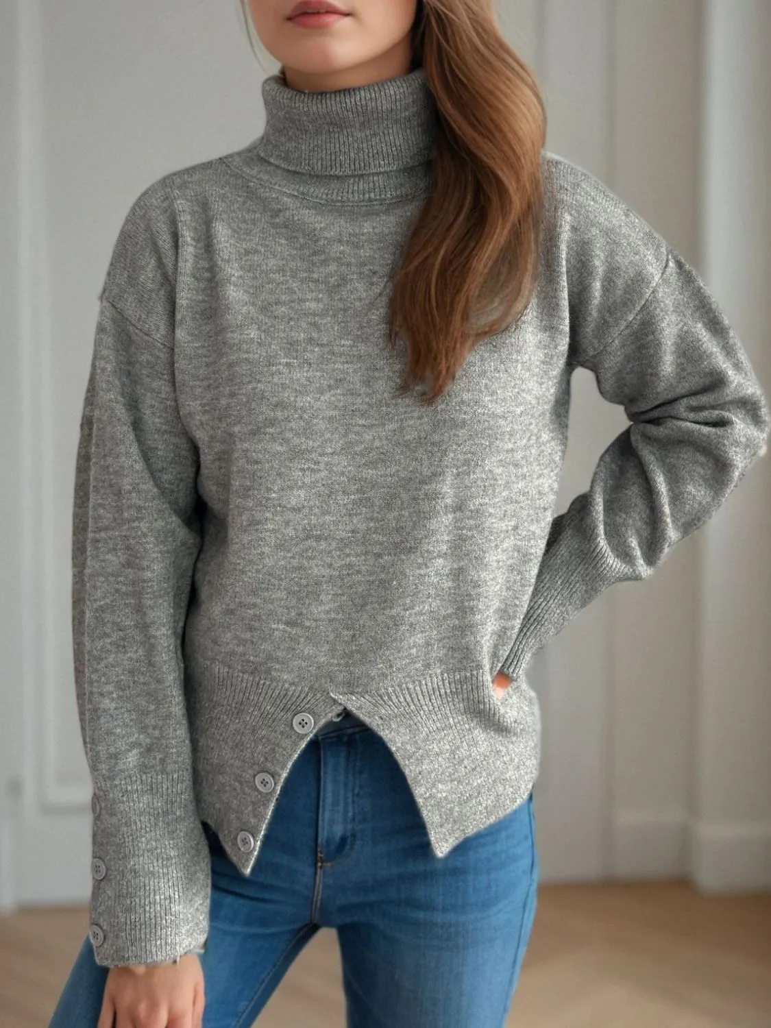 Hazel Blues® |  Front Slit Decorative Button Turtleneck Sweater