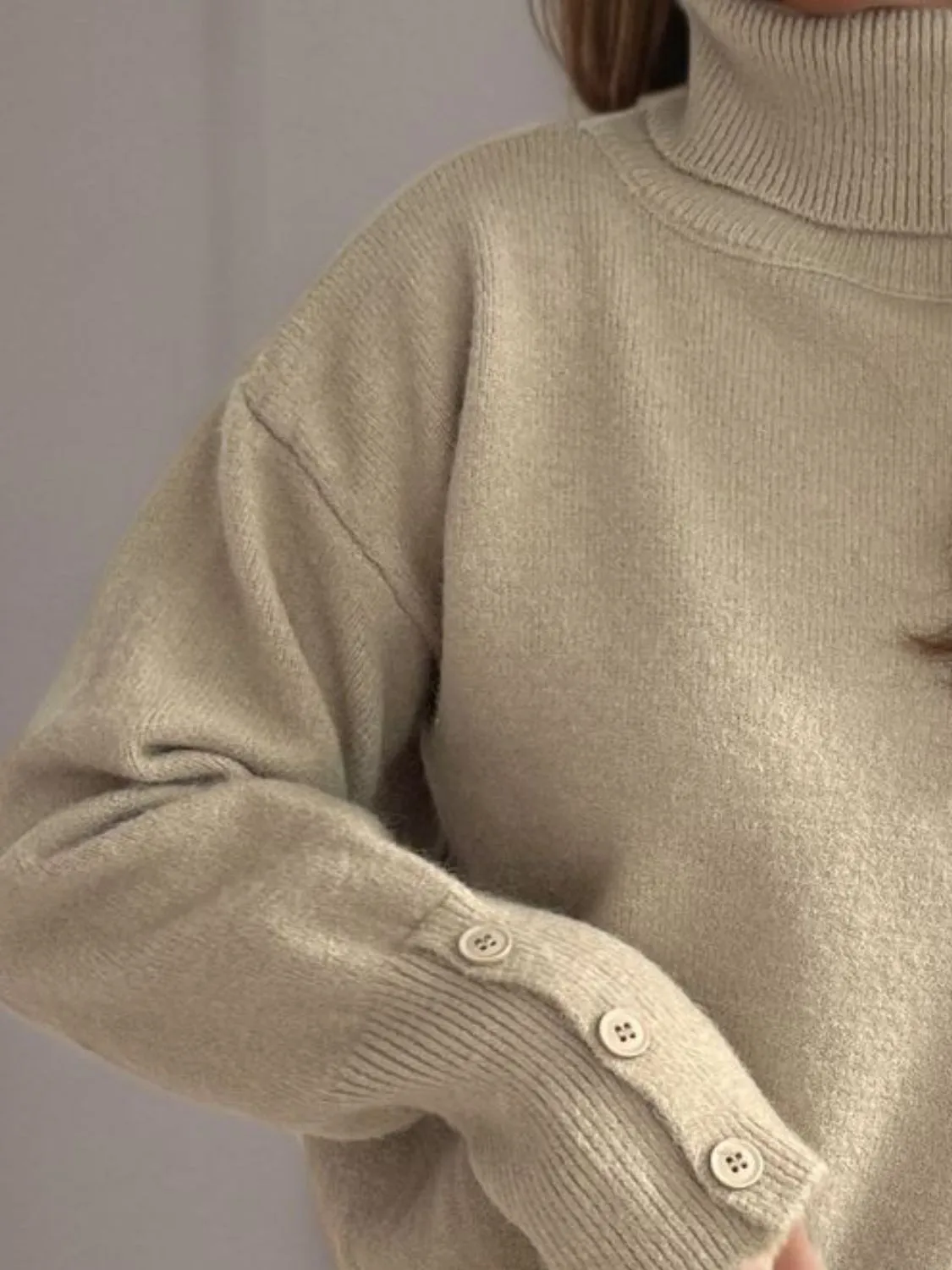 Hazel Blues® |  Front Slit Decorative Button Turtleneck Sweater