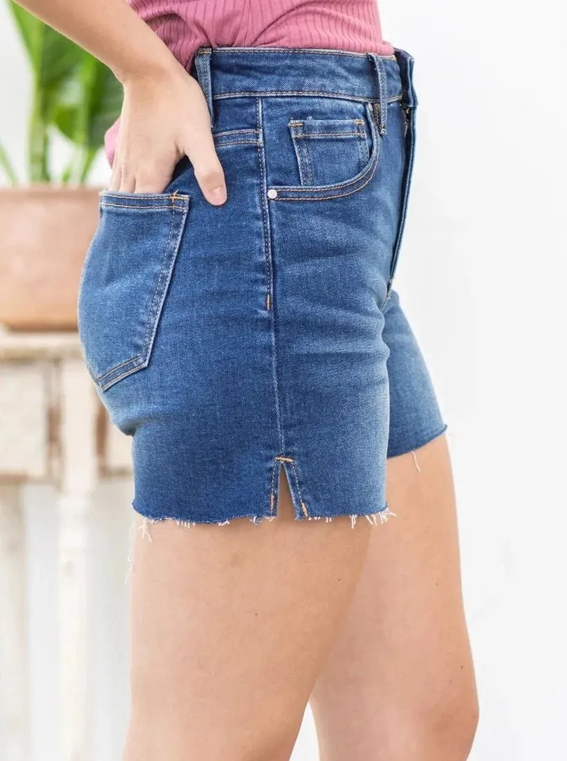 High Rise Raw Hem Side Slit Shorts