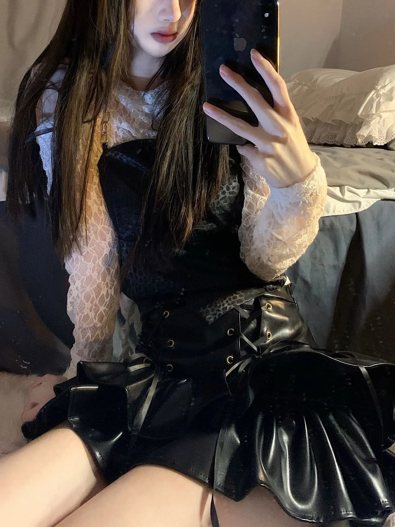 HIGH WAIST TIE LEATHER SKIRT UB98103