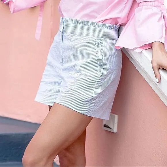 J. Crew | Blue Seersucker Ruffle High Waisted Shorts