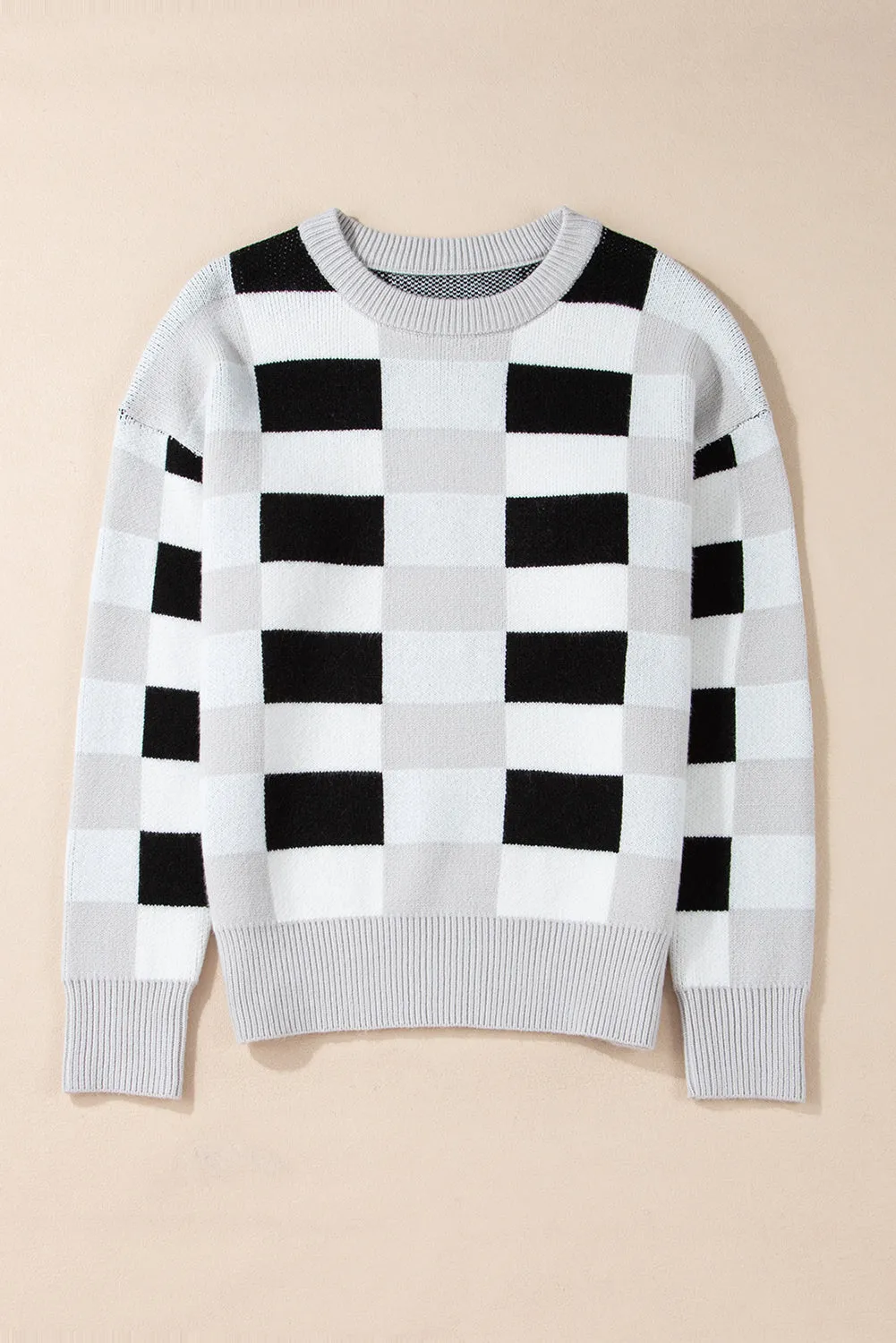 KaleaBoutique Checkered Ribbed Edge O Neck Drop Shoulder Sweater