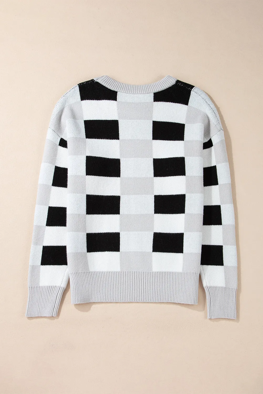 KaleaBoutique Checkered Ribbed Edge O Neck Drop Shoulder Sweater