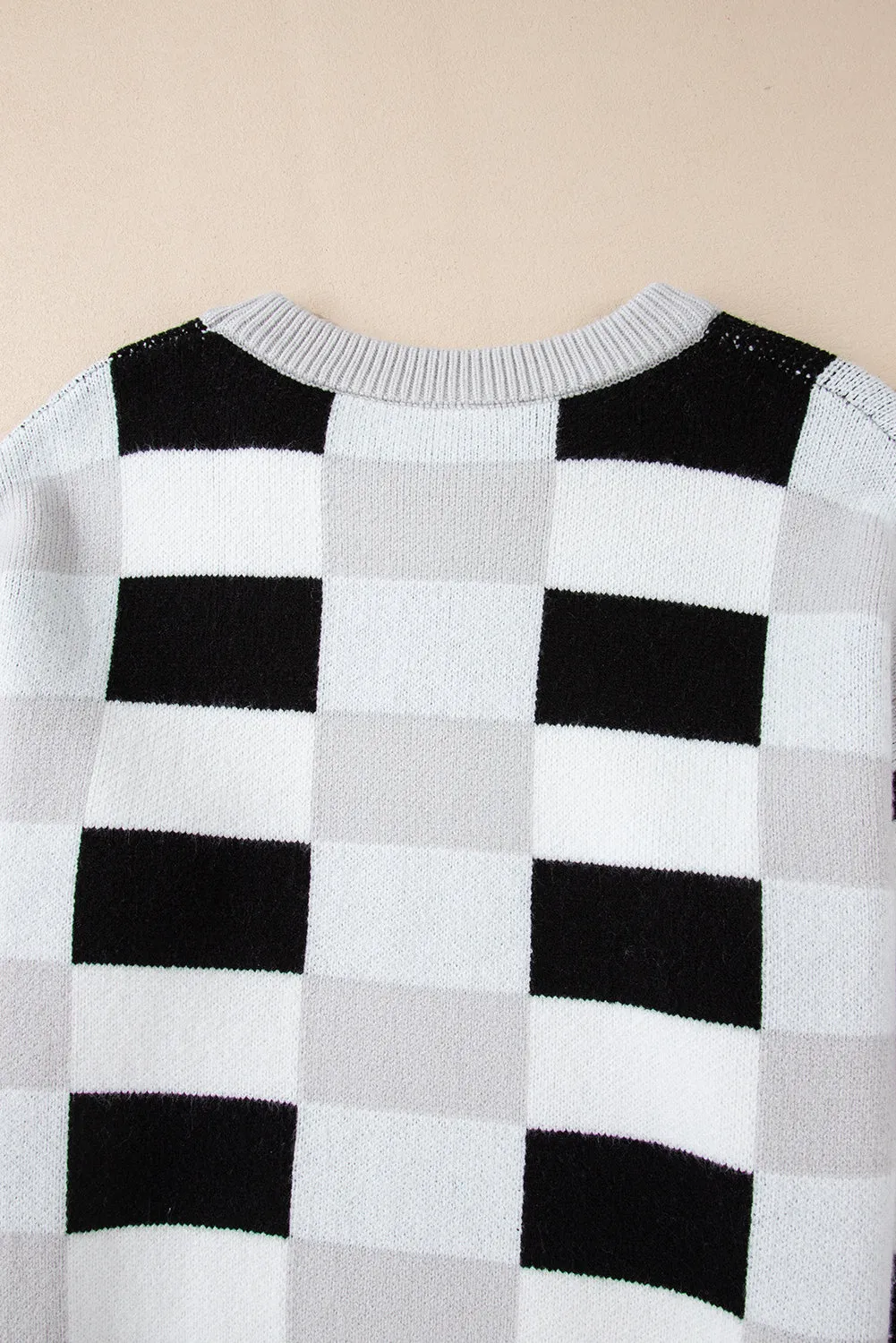 KaleaBoutique Checkered Ribbed Edge O Neck Drop Shoulder Sweater