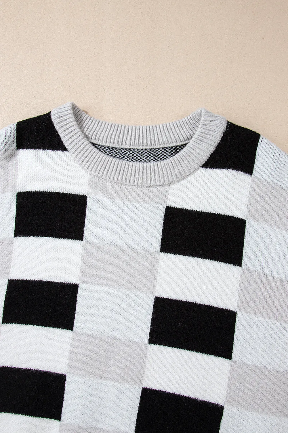 KaleaBoutique Checkered Ribbed Edge O Neck Drop Shoulder Sweater