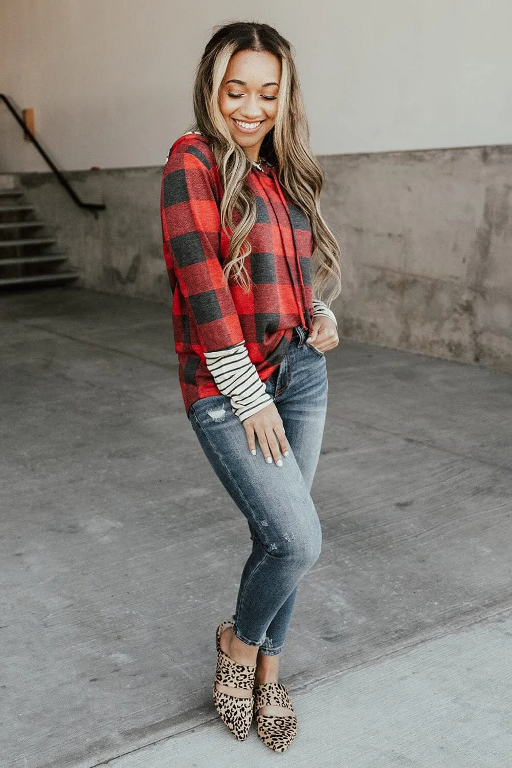 KaleaBoutique Christmas Plaid Striped Patchwork Drawstring Hoodie