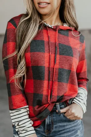 KaleaBoutique Christmas Plaid Striped Patchwork Drawstring Hoodie