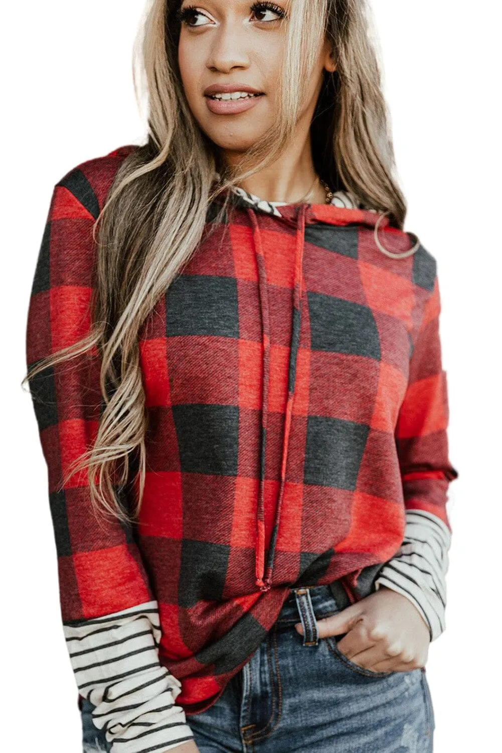 KaleaBoutique Christmas Plaid Striped Patchwork Drawstring Hoodie