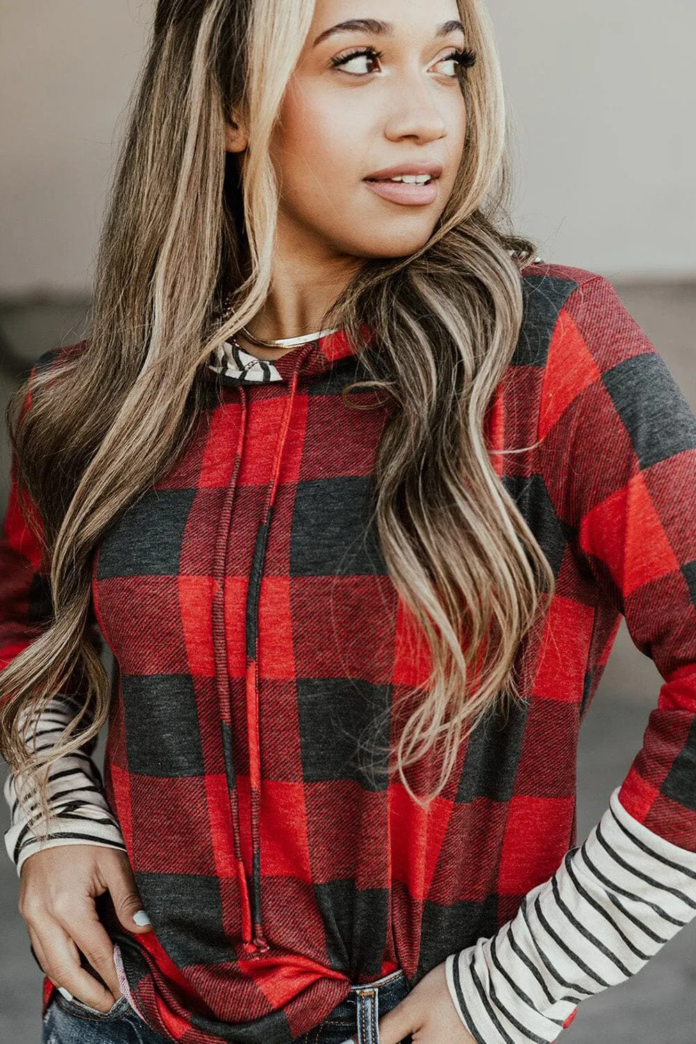 KaleaBoutique Christmas Plaid Striped Patchwork Drawstring Hoodie