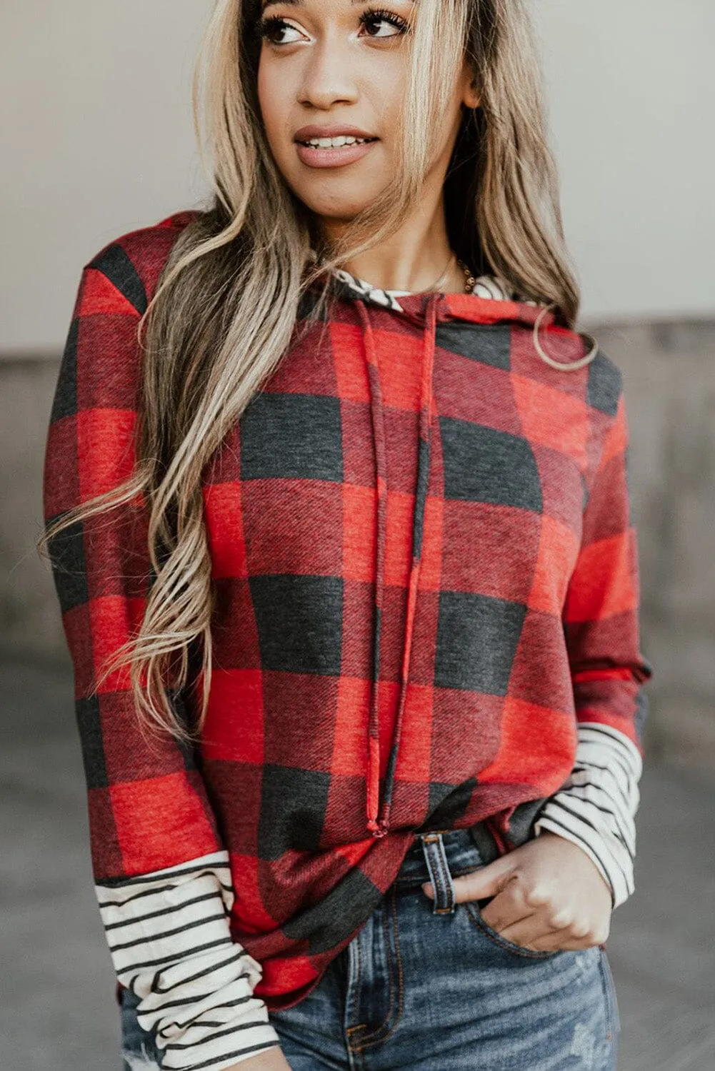 KaleaBoutique Christmas Plaid Striped Patchwork Drawstring Hoodie