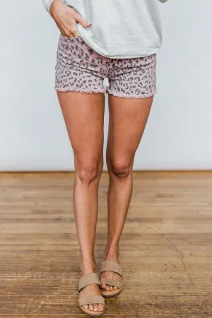 KanCan Frayed Hem Shorts- Blush Leopard Wash