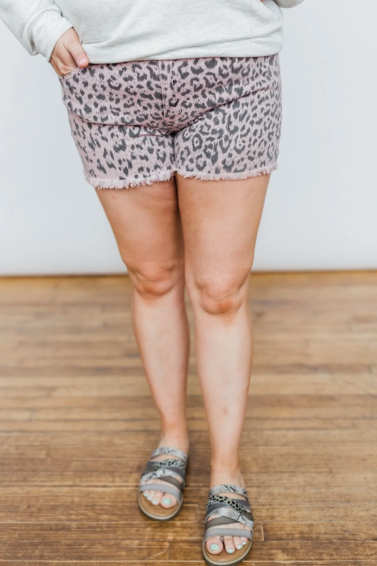 KanCan Frayed Hem Shorts- Blush Leopard Wash
