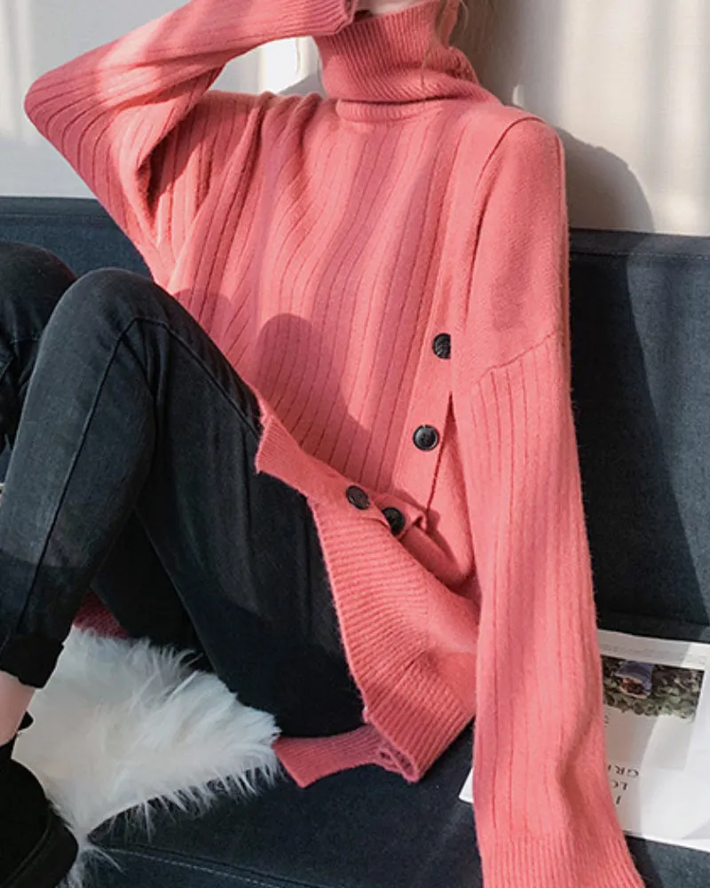 Knit High-collared Round Neck Long Sleeve Sweaters