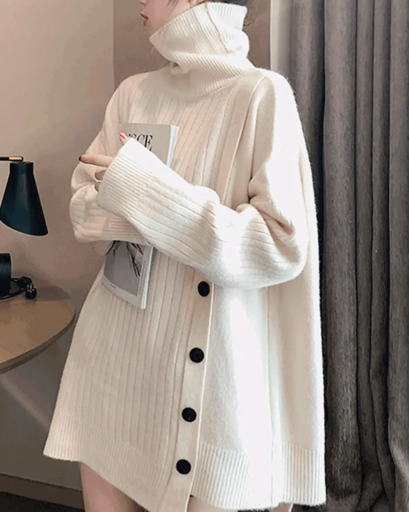 Knit High-collared Round Neck Long Sleeve Sweaters
