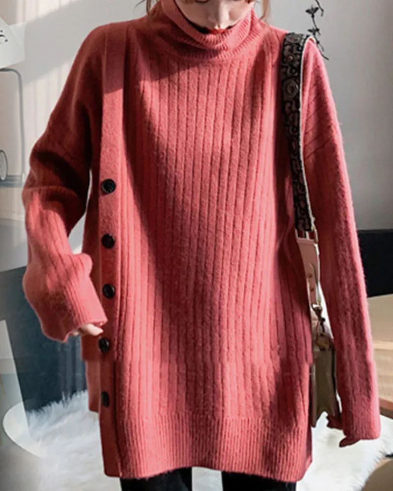 Knit High-collared Round Neck Long Sleeve Sweaters
