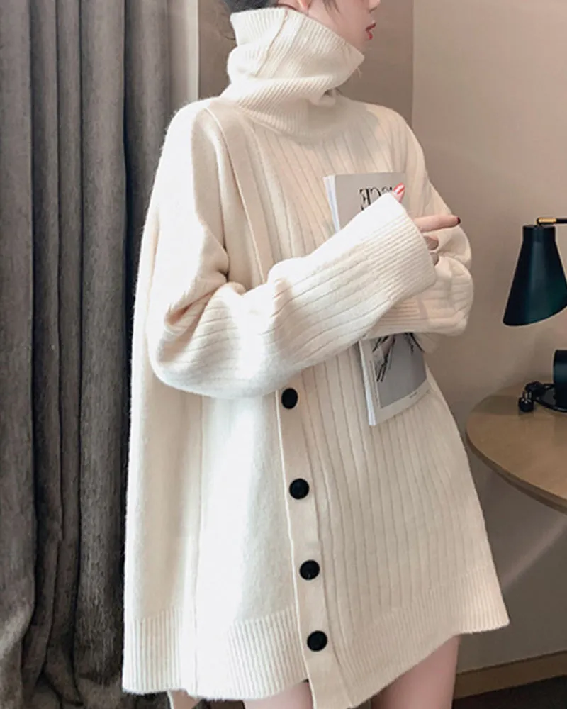 Knit High-collared Round Neck Long Sleeve Sweaters