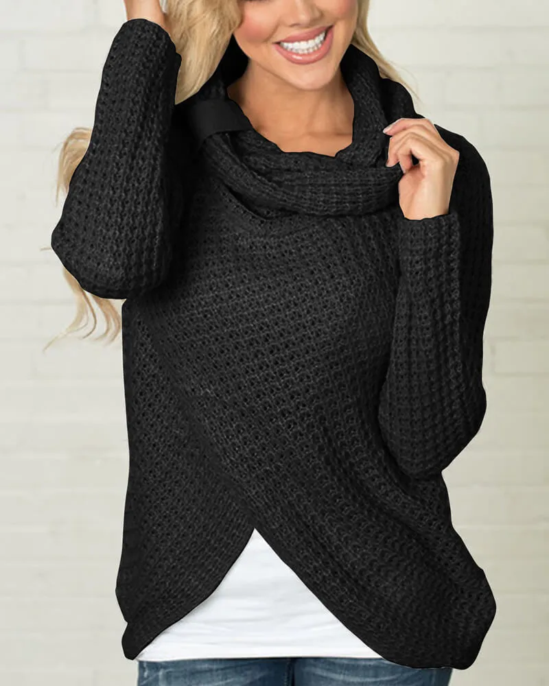 Knitted Asymmetric Neck Asymmetric Hem Plain Sweaters Pullover