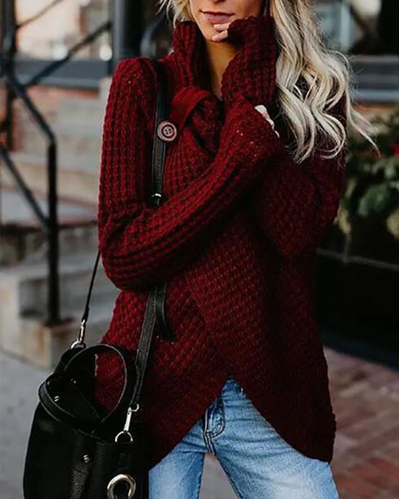 Knitted Asymmetric Neck Asymmetric Hem Plain Sweaters Pullover