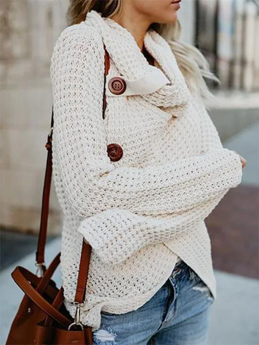 Knitted Asymmetric Neck Asymmetric Hem Plain Sweaters Pullover