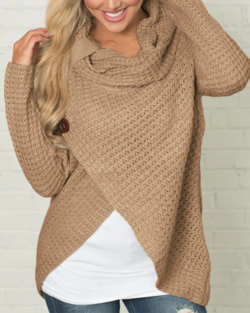 Knitted Asymmetric Neck Asymmetric Hem Plain Sweaters Pullover