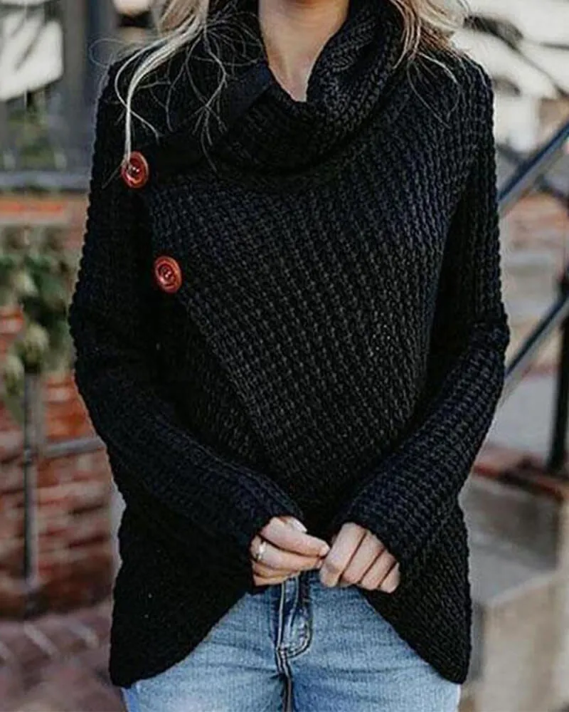 Knitted Asymmetric Neck Asymmetric Hem Plain Sweaters Pullover