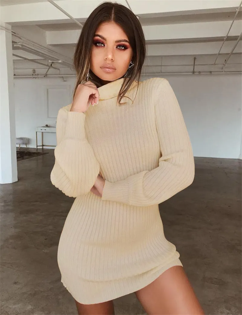 Knitted Lantern Sleeve Pullover Turtleneck Dress