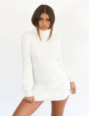 Knitted Lantern Sleeve Pullover Turtleneck Dress