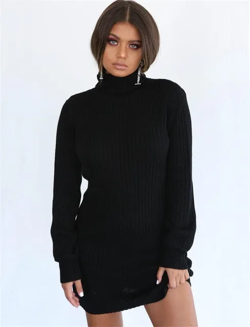 Knitted Lantern Sleeve Pullover Turtleneck Dress