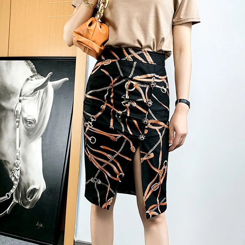 Lady Leather Skirts Genuine Sheepskin Printed Pleated Slit Sexy Hip Wrap Mid-Length Skirt 2022 Autumn Winter New TF4749
